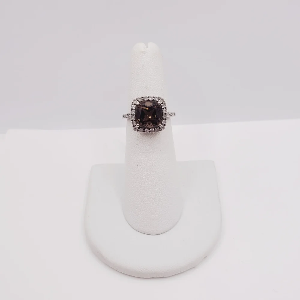 10K Solid White Gold Smoky Quartz, Diamond & White Topaz Halo Ring
